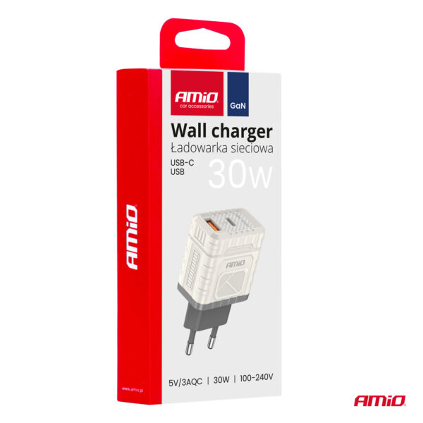 Seinalaadija Quick Charge GaN 30W USB-A + USB-C Amio 04286 - Image 3